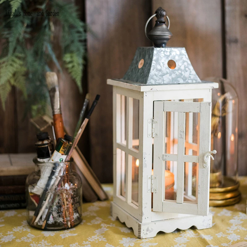 

square handmade vintage antique white wooden lantern with glass panels