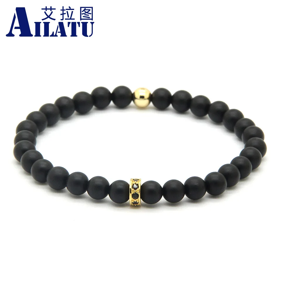 Ailatu Lady's Summer European American Fashion Brand 6mm Matte Onyx Stone with Micro Inlay Black Zircons Wheel Spacer Bracelet |