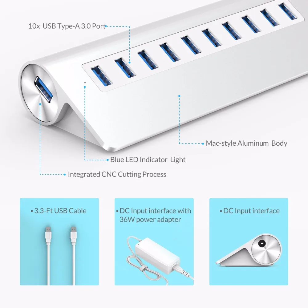 Алюминиевый Концентратор ORICO с 10 портами USB 3 0 для смартфонов планшетов ноутбуков