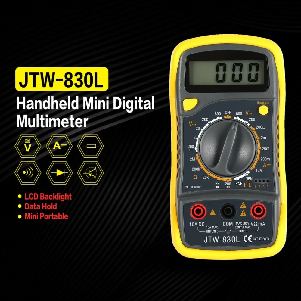 JTW 830L Цифровой мультиметр портативный мини цифровой 1999 отсчетов AC/DC Вольт Ампер hFE