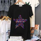 Лето 2021 года, новая модная футболка для творчества, женские футболки с короткими рукавами и блестками с остроконечной звездой, повседневные хлопковые свободные топы с круглым вырезом, женские