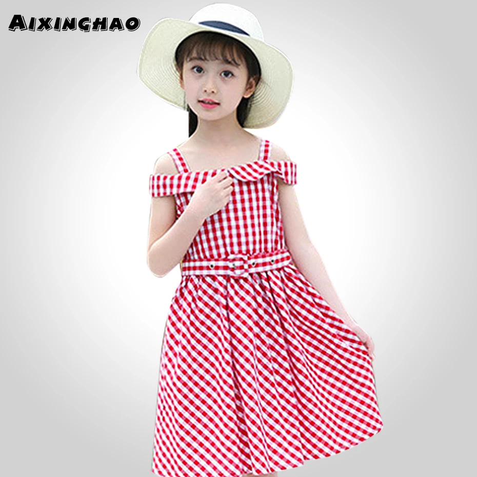 Aixinghao Girls Dress Off Shoulder Teenage Party Princess Plaid Kids Clothes For Age 6 8 10 12 Girl | Детская одежда и обувь