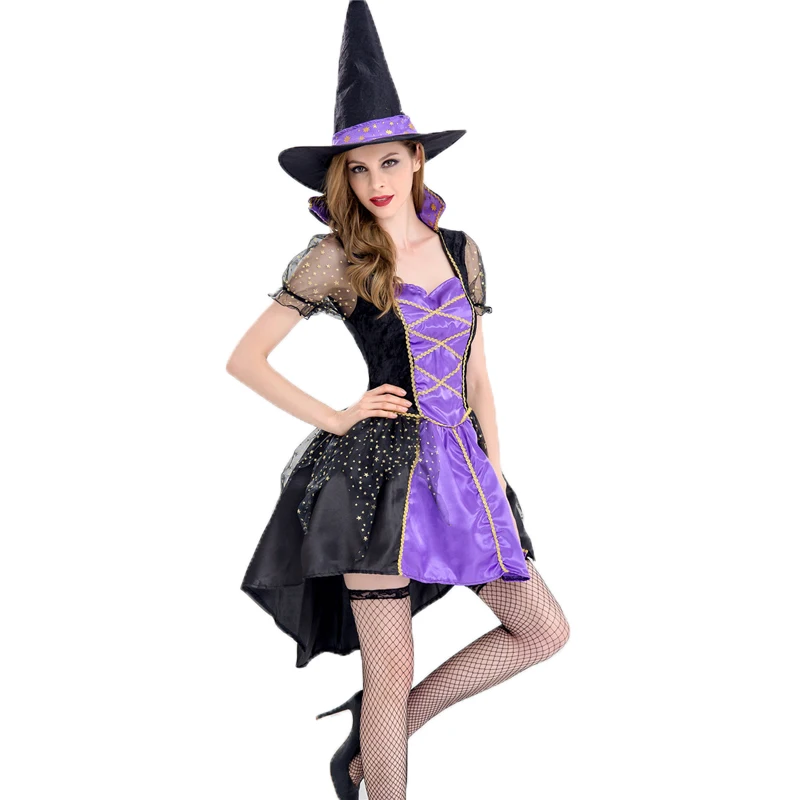 

Halloween Witch Cosplay Costume For Women Fantasia Sexy Purple Swallow Tail Braces Dress Adult Carnival Party Suit With Hat