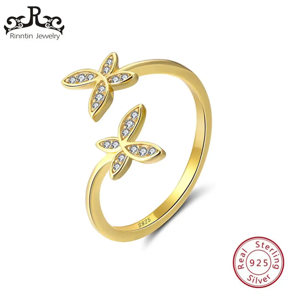 Gold-color Effie queen 925 пробы серебряные кольца для женщин AAA кубический циркон четыре цвета бабочка цветок Открытое кольцо ювелирные изделия подарок TSR10 - Цвет камня: Gold-color