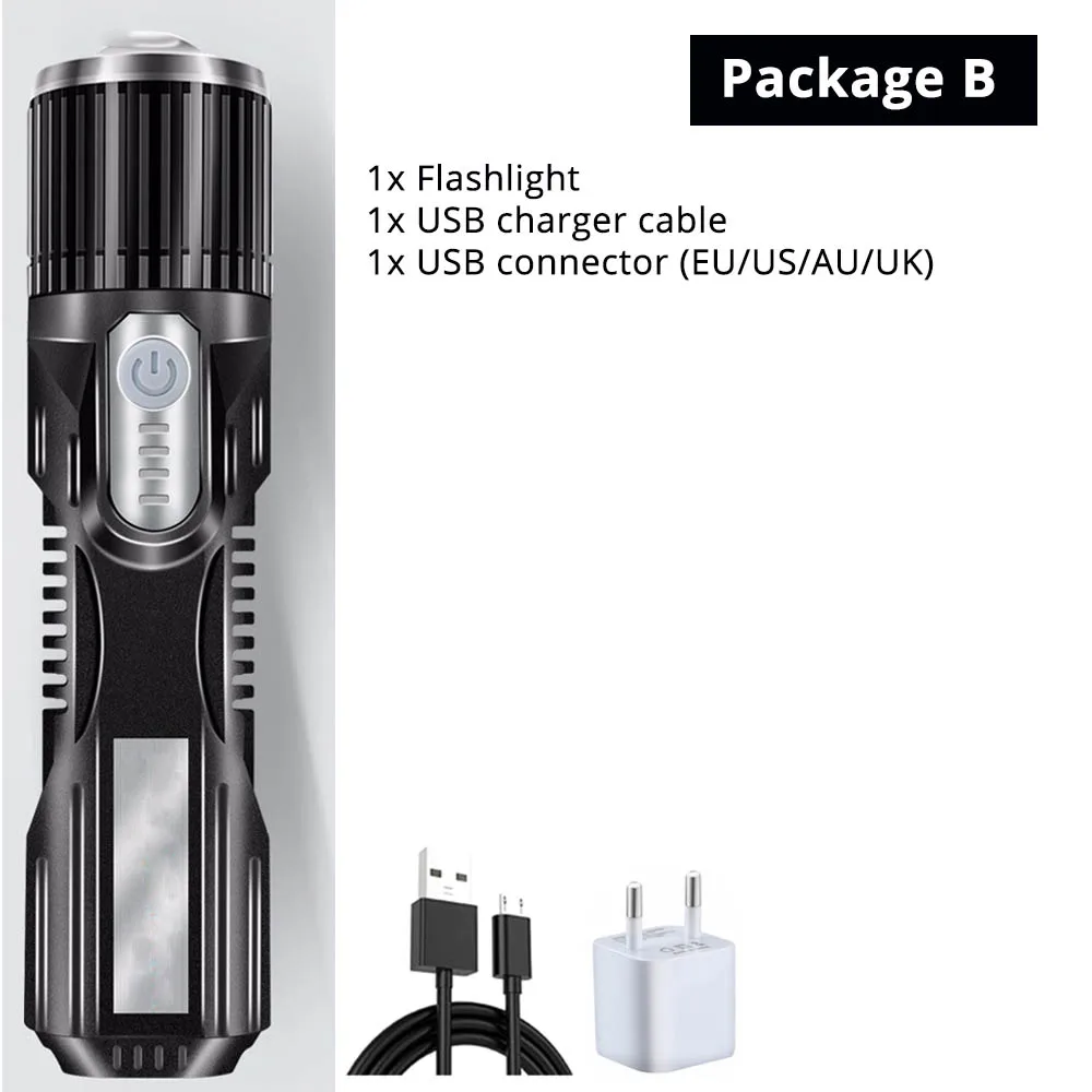 Package B USB Rechargeable LED Flashlight Waterproof Torch USB Interface To Charge The Phone Zoomable 5 Lighting Modes Super Bright - Испускаемый цвет: Package B