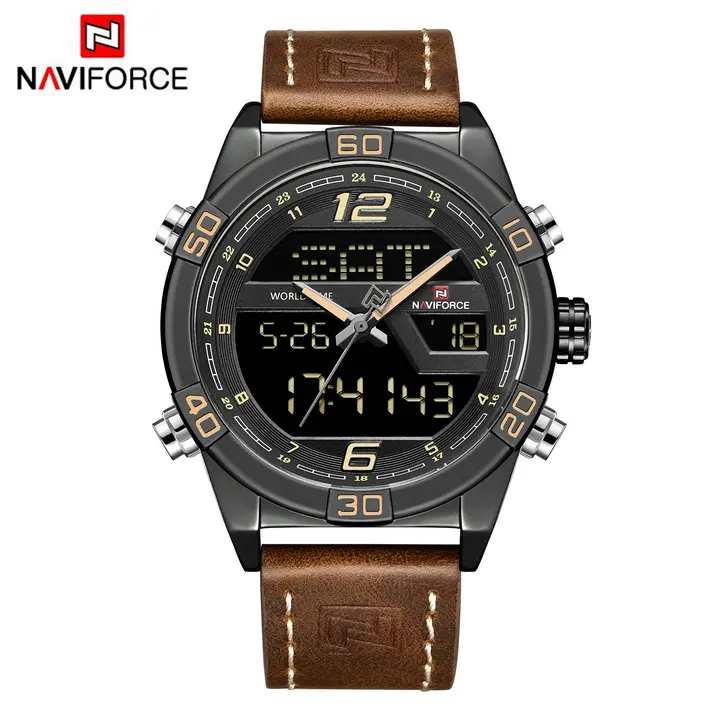 DARK BROWN BLACK NAVIFORCE кварцевые с двойным Циферблатом Часы Мужские Аналоговые цифровые часы модные синие мужские s часы брендовые роскошные кожаные Наручные часы водонепроницаемые - Цвет: DARK BROWN BLACK