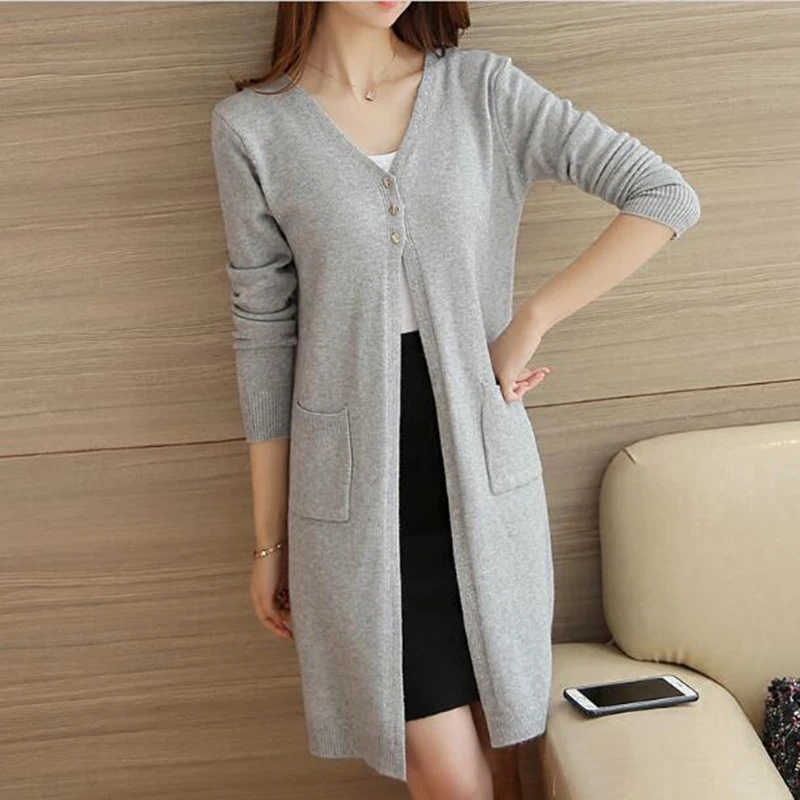 Long Cardigan Female Knitted Sweaters Cardigans Women Sleeve jersey Open Stitch Pockets jumper |