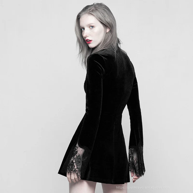 Панк рейв готический черный с длинным рукавом Высокий воротник кружева манжеты платье сексуальное удобное бархатное Мини сшитое маятник для женщин