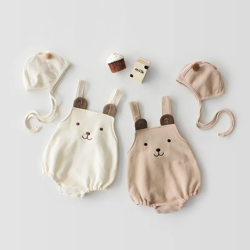 0-3T Kids Rompers cute bear sleeveless girls rompers 2019 spring&ampautumn infant boys&ampgirls baby strap cotton hat 2Pcs clothes |