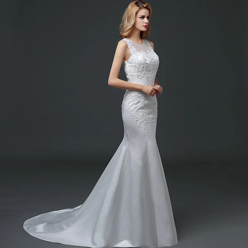 Hot Sale Sexy Tulle O neck Beads Mermaid Wedding Dresses Cheap Bridal Dress Vestidos de Noivas With Lace Up Illusion Back | Свадьбы и