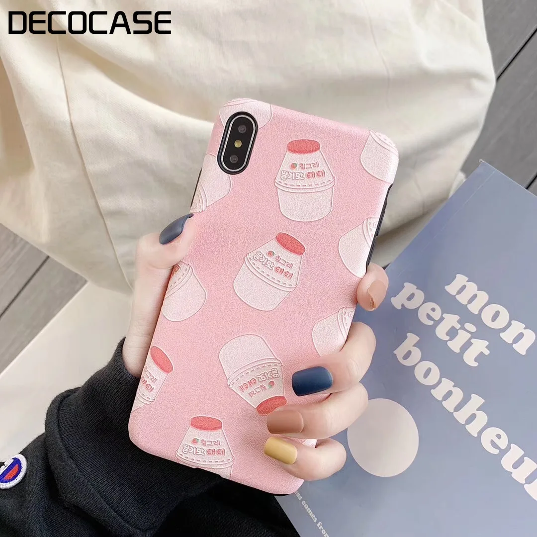 DECOCASE Lovely Korean Strawberry Milk Bottle Printing Girls Women Phone Cases for iPhone 6 6s 7 8 Plus X XR XS Max Covers Gifts |