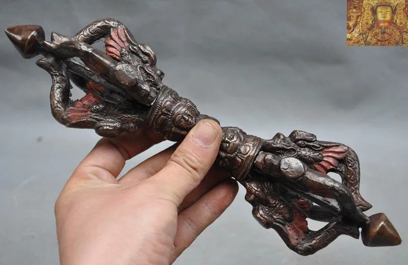 

wedding decoration Old Tibet Buddhism pure bronze Dragon head Exorcism Talisman Vajra Dorje Phurpa
