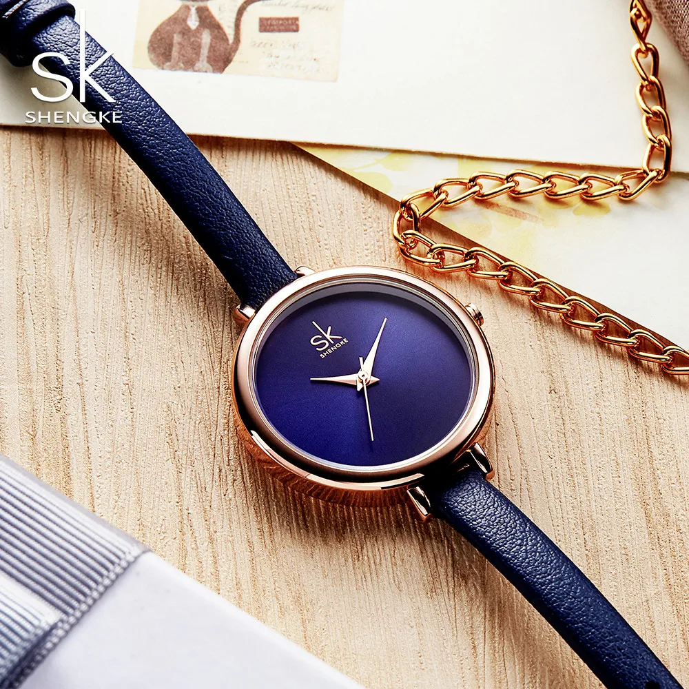 

Часы Shengke женские с кожаным ремешком, брендовые Модные кварцевые роскошные, синие, # K0069, 2021SK