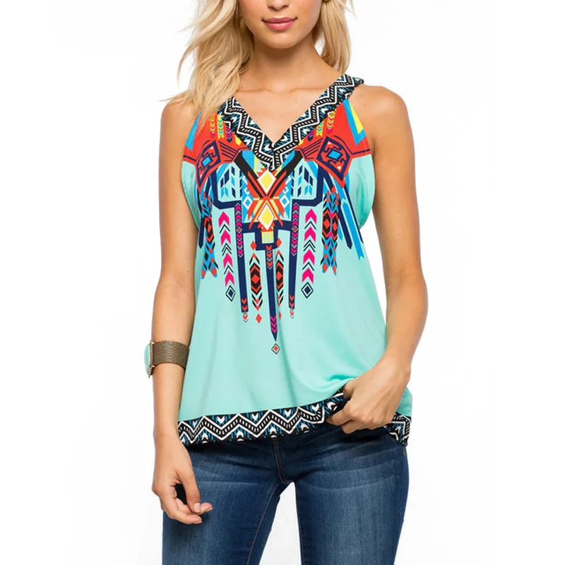 Лето 2017 г. Для женщин инди-фолк-Стиль печати майка v-образным вырезом без рукавов