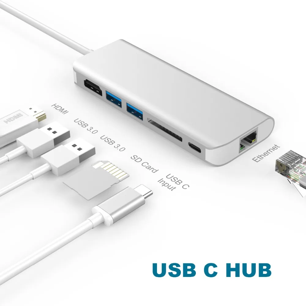 Amkle 6 в 1 USB 3 0 концентратор Type C к HDMI/USB 0/RJ45/SD/TF/Type адаптер конвертер для Macbook Pro Google