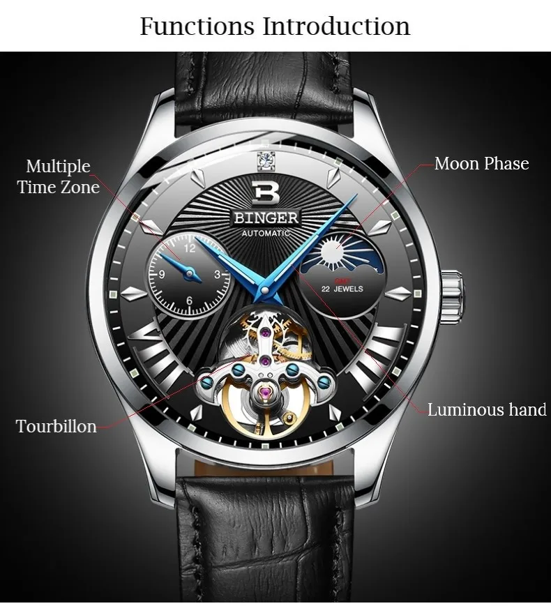 Tourbillon Бингер Мужские часы Роскошные деловые механические часы Мужские автоматические модные водонепроницаемые сапфировые спортивные часы с скелетом