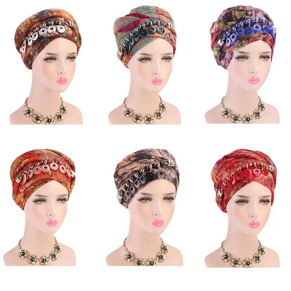 

Fashion Beaded Pendant Jewelry Bohemia Multi-functional Necklace Scarf Islamic Women's Printed Chiffon Scarf Muslim Hijab Turban