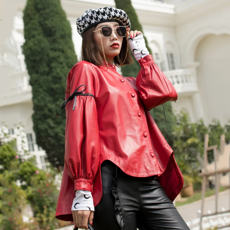 2019 Spring Korean Loose Oversize Jacket Real Sheepskin Female Genuine Leather Coat Single Breasted Bow Lantern Sleeve Overcoats
