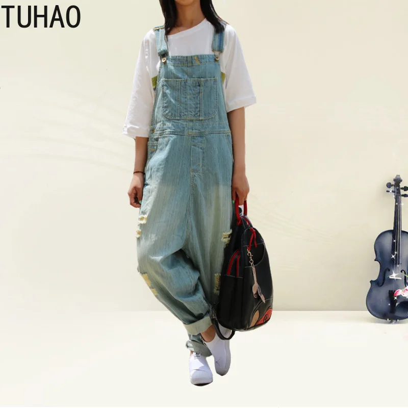 

TUHAO Plus Size Women Strappy Sleeveless Harem Romper Loose Dungarees Overalls Denim hole Suspender Jumpsuit Solid Bib Pants LLJ