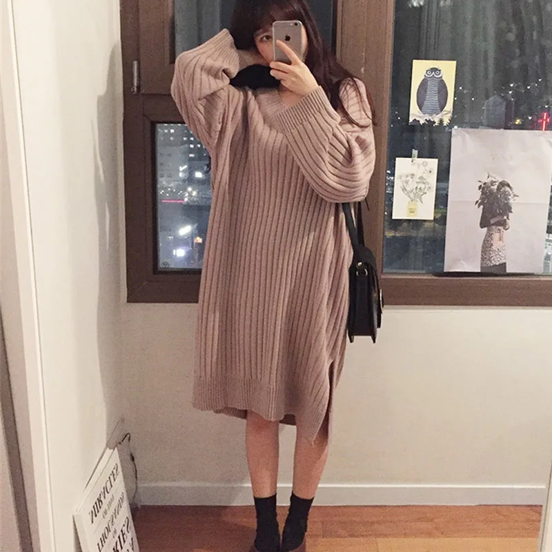Winter new long sleeved women thicken solid color v collar open fork leisure loose knitted sweater for girls | Женская одежда