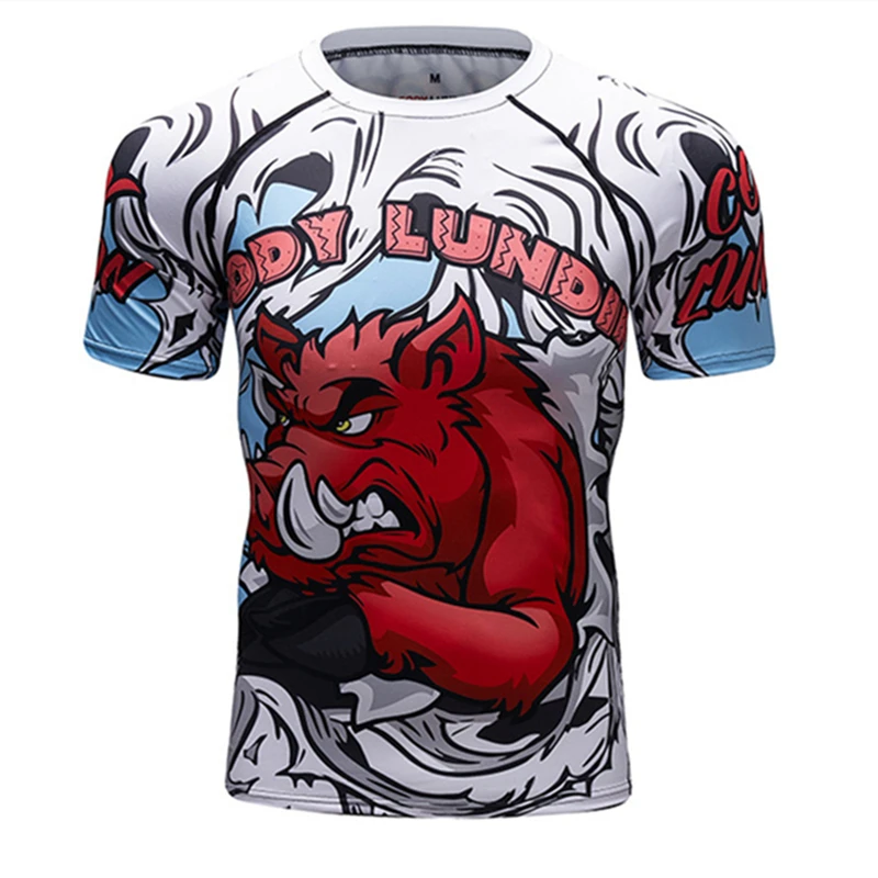 CODY Мужская компрессионная футболка MMA Rashguard, летняя футболка с коротким рукавом для фитнеса, Мужская футболка с 3D принтом медведя, танца железной цепи