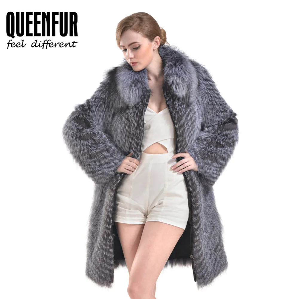 QUEENFUR моды в реальном чернобурки меховой пальто из натуральной шерсти Fox Для