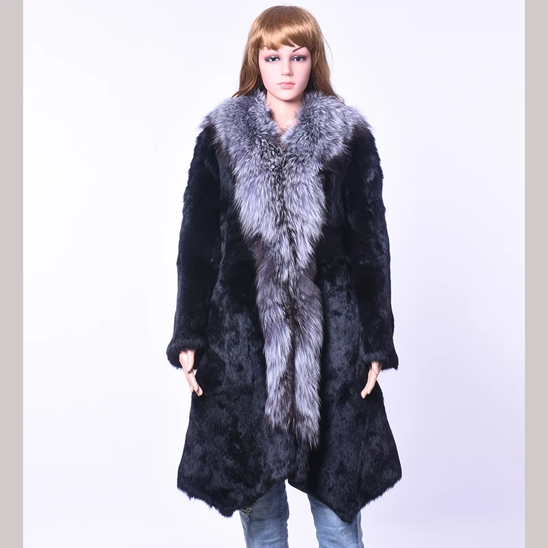 

True Fur Women Rabbit Fur Coat Large Size Women's Winter Fox Hair Collar Warm Long Sleeved Lotus Leaf Side Cotton Liner Coat