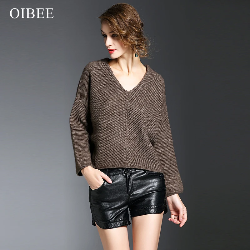 

OIBEE2019 Causal Korean Style Long Sleeve V-Neck Solid Knitted Loose Sweater