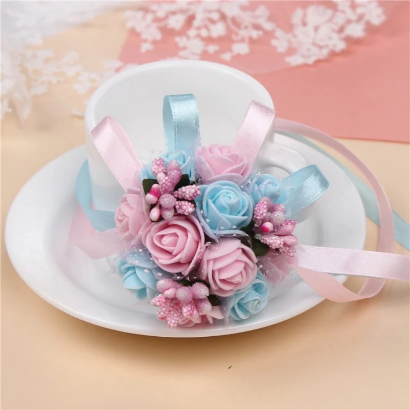 Pink Blue Ручной цветы Искусственные Свадебные цветы искусственный цветок на запястье для подружки невесты сестры свадебные декорации цветок - Цвет: Pink Blue