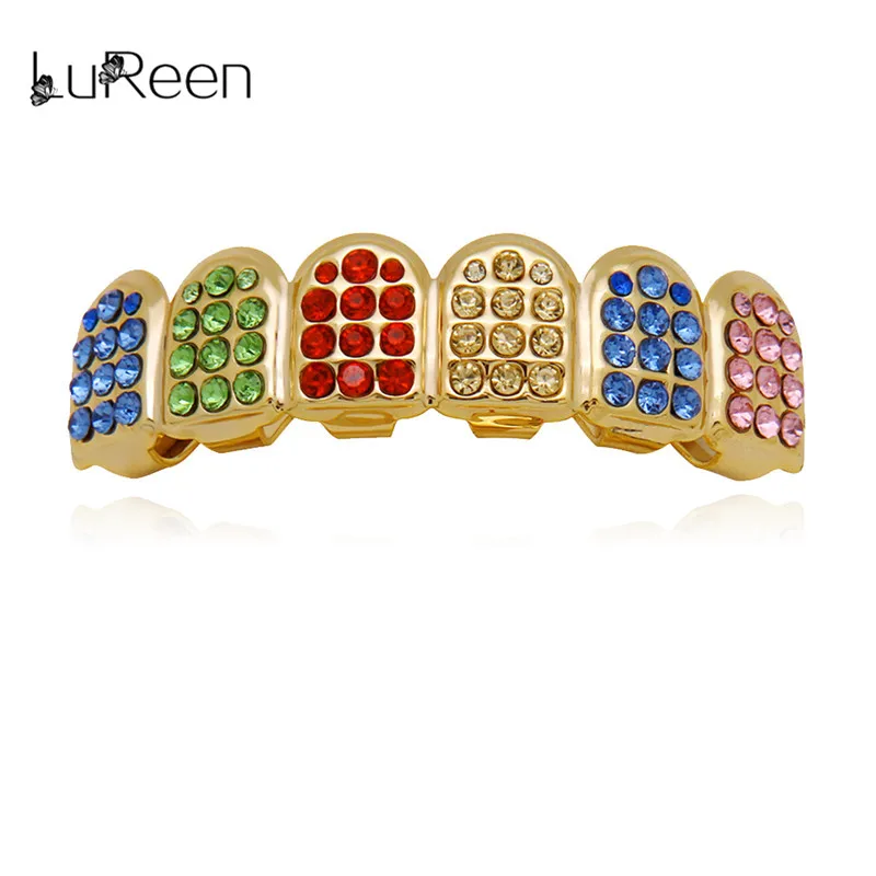 top teeth LuReen Красочные зубы Grillz верхние и нижние CZ грили стоматологические хип-хоп вампирские зубы шапки гриль рот украшения для тела Вечерние - Окраска металла: top teeth