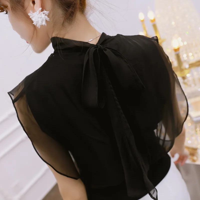 

Womens Casual Stand-up Collar T-shirt Tops Blusa Summer Shirt Tees Clothes Cropped Chiffon Top Sleeveless Mesh Patchwork T-shirt