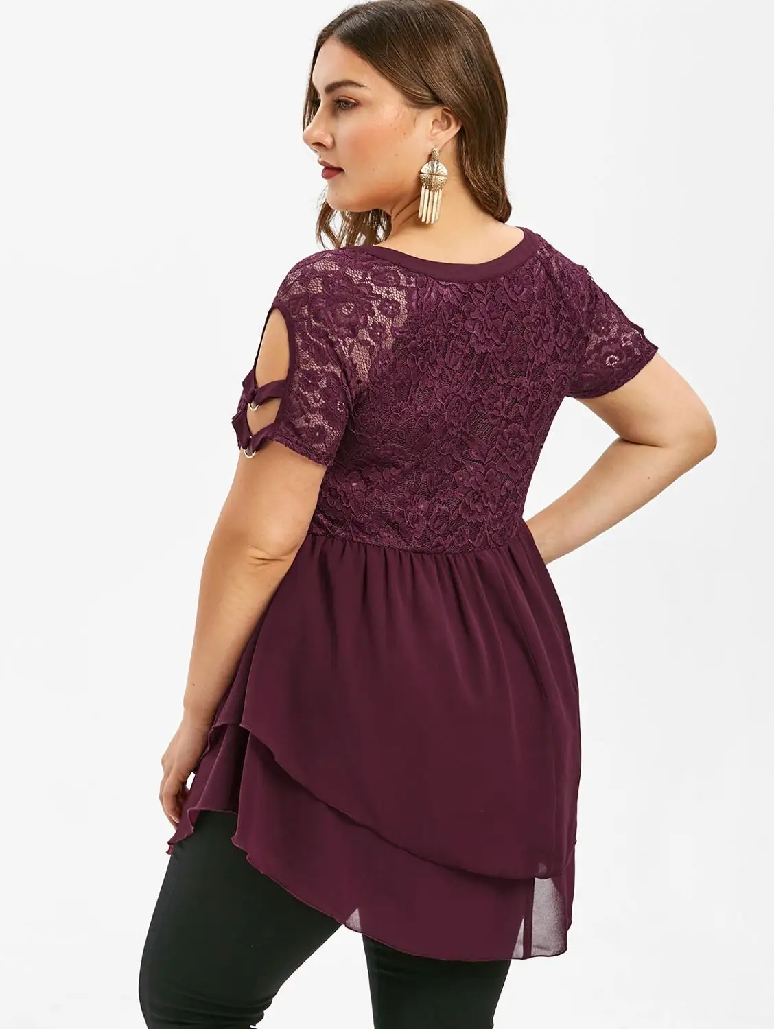 5XL Plus Size Women Blouse Long Sleeve Wine Red Lace Shirt Tunic Round Neck Solid Large Casual Wear Women Tops and Blouse Female