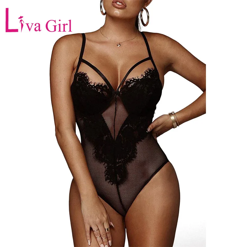 Black LIVA GIRL черный прозрачный кружевной боди с ресничками для женщин сексуальный сетчатый прозрачный гамак Облегающий комбинезон белый женский комбинезон - Color: Black