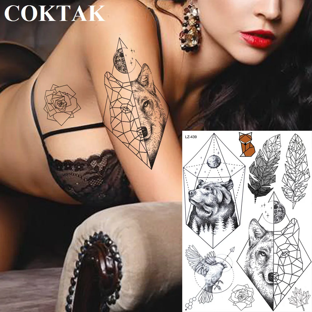 

COKTAK Sexy Body Art Tattoo Temporary For Men Women Geometric Diamond Bear Tatoos Waterproof Hummingbird Fake Arm Tattoo Sticker