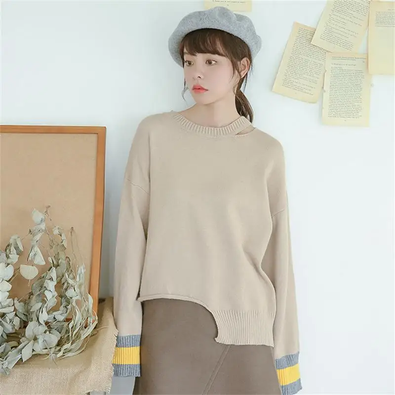 2019 Women's Casual Sweaters Kawaii Cute Ulzzang Contrast-cut Knit Sweater Female Korean Japanese Harajuku Clothing For Women | Женская