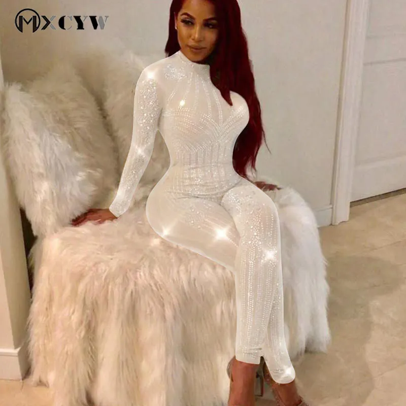 silm Sexy Jumpsuit Fashion Sequins Bodysuit Mesh Trousers Long Sleeves Round Neck Nightclub Perspective Hollow Women Clothing | Женская