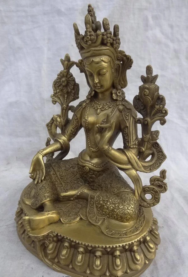 00242 8&quot Tibet Pure Bronze Buddhist Lotus Protect Green Tara Goddess Buddha Statue (A0414) | Дом и сад