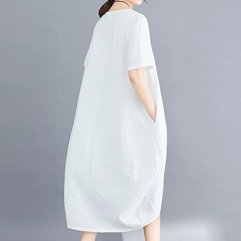 Летние Женские однотонные пляжные платья с круглым вырезом и коротким рукавом