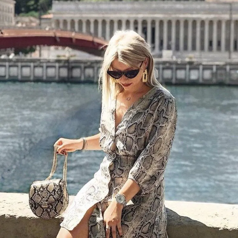 2019 новый осенний Леопардовый принт змеиной кожи Полосатое мини платье