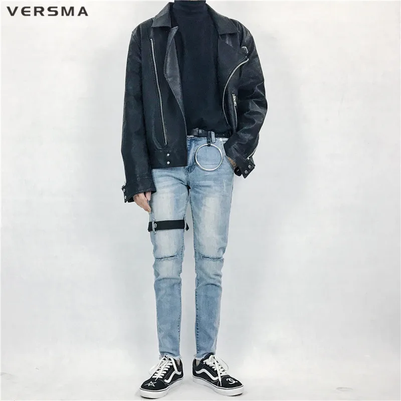 VERSMA хип-хоп Уличная одежда, облегающие джинсы, рваные джинсы, Мужские корейские Harajuku SUGA GD ленты, Лоскутные, для бега, для мотоцикла, джинсы, брюки
