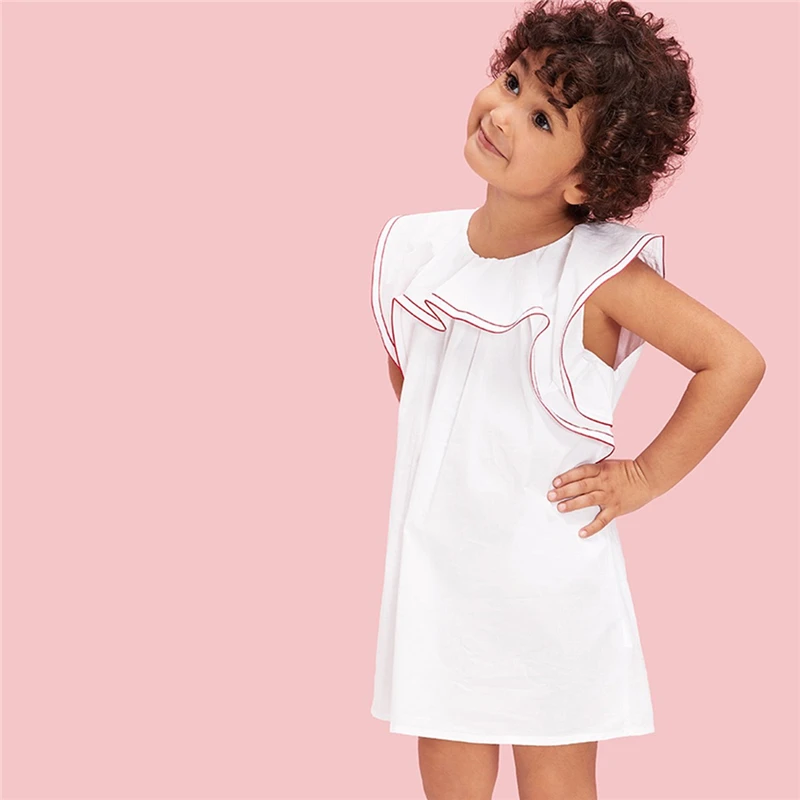 SHEIN Kiddie/Платье-туника в стиле кэжуал с контрастной строчкой и оборками для девочек г., летние милые короткие платья без рукавов с пуговицами сзади