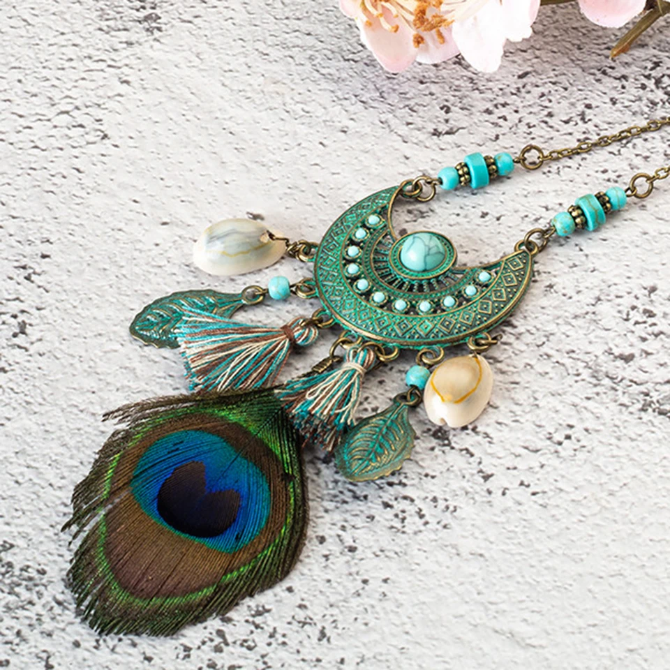 

New style Tassel Peacock Feather Bohemian Long Necklace Shell Sweater Leather Chain Jewelry Exaggerated Design Drop shipping