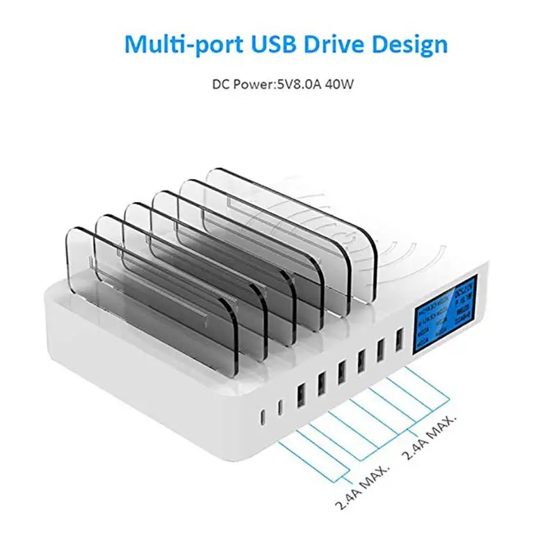 Qi Беспроводное зарядное устройство 8 портов Смарт USB зарядное устройство 5V8A 40 Вт ЖК-дисплей Настольный держатель для iPhone samsung huawei адаптер переменного тока