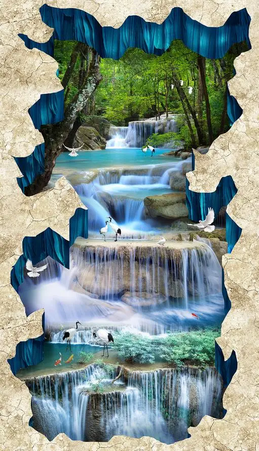 PVC waterproof floor Waterfall woods Home Decoration 3D stereoscopic wallpaper | Обустройство дома