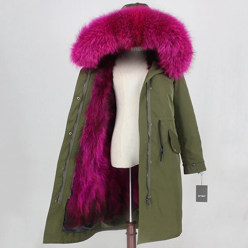 green rose OFTBUY X-long Parka, водонепроницаемая верхняя одежда, зимняя куртка для женщин, натуральный мех енота, капюшон, подкладка из лисьего меха, Съемный натуральный мех - Цвет: green rose