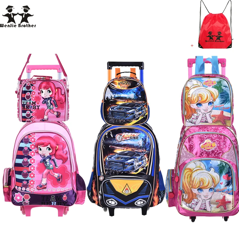 wenjie brother new Children Kids school bags With Wheel Trolley Luggage set backpack Mochila Infantil Bolsas for boys and girls