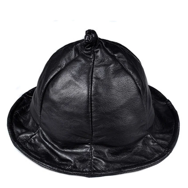 NEW Exclusive Unisex Vintage Black Genuine Leather Pot Wizard Hat Wome/Men Casual Street Big Brim All Saints' Day Beanies Caps