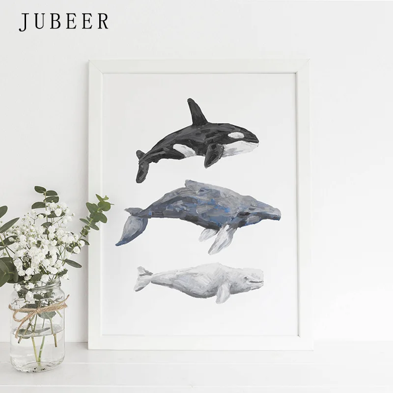 

Nordic Style Whale Painting Print Orca Humpback and Beluga Nautical Nursery Wall Art Canvas Poster Animal Decorative Picture