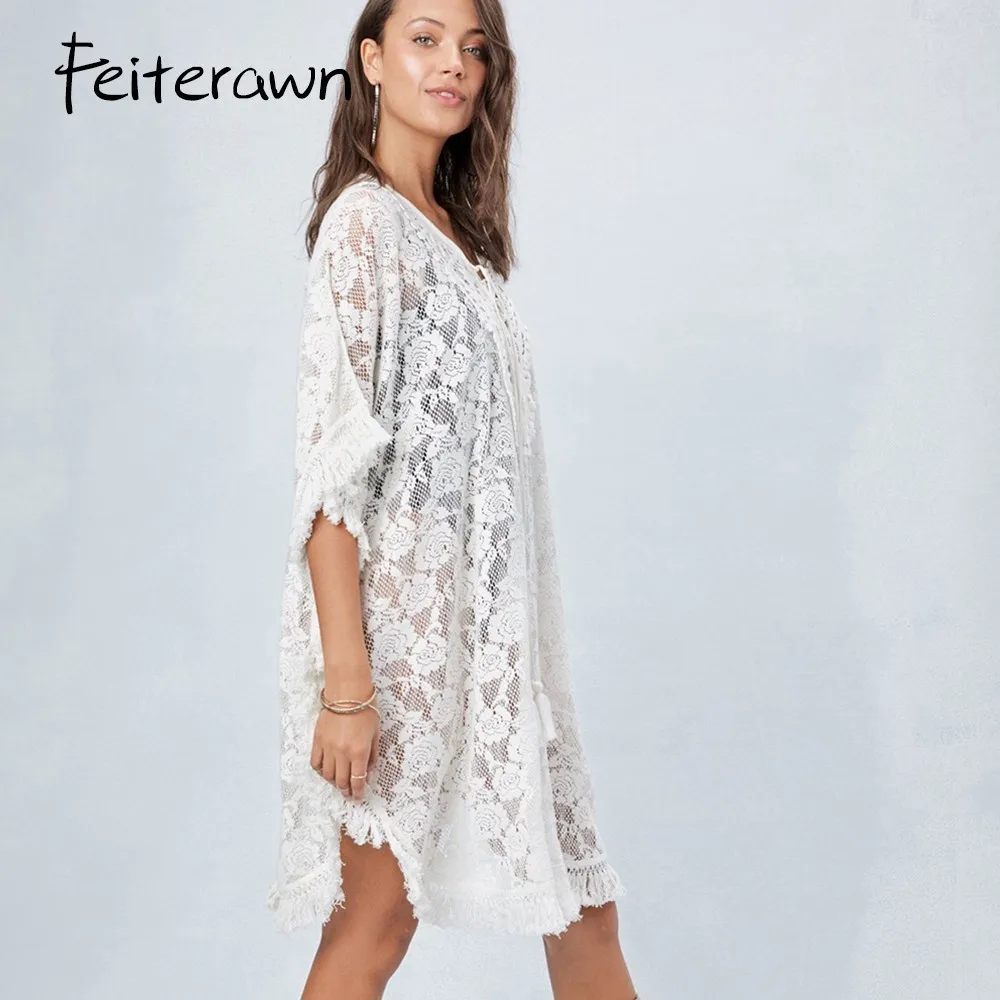 Feiterawn White Lace Up V Neck Dress Hollow Out Bikini Cover Ups Batwing Sleeve Tunic Beach Dresses For Women Strand Jurkjes |
