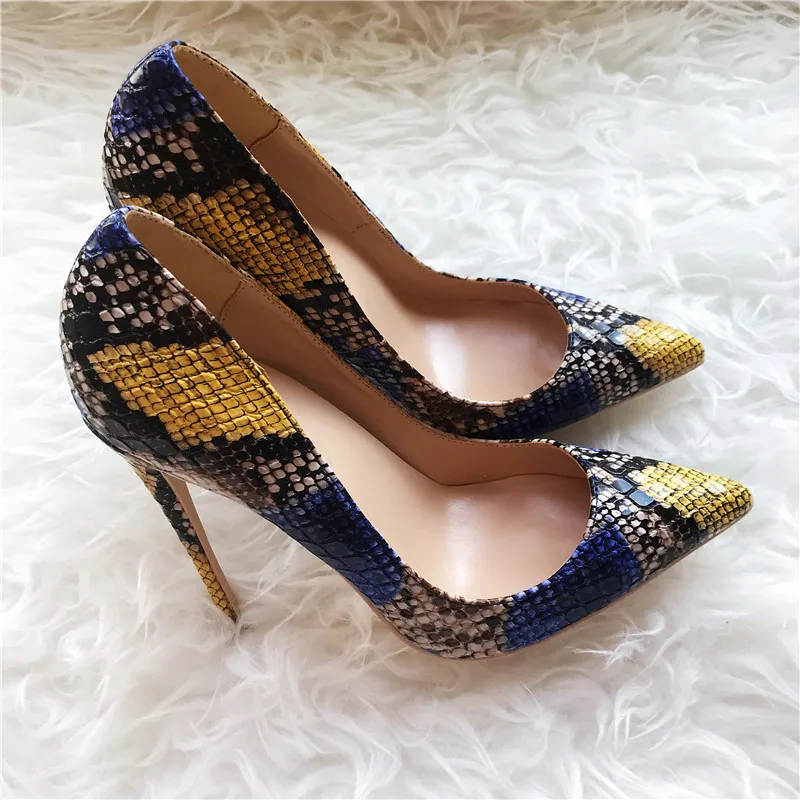 Yellow 10cm Heels Veowalk/пикантные женские туфли-лодочки с острым носком на высоком каблуке с тиснением под змеиную кожу; модные женские туфли для ночного клуба - Цвет: Yellow 10cm Heels